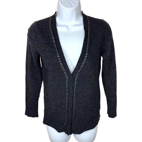 Small Merino Wool Eddie Bauer Dark Grey Silver Beaded Cardigan Sweater Soft - Picture 1 of 8
